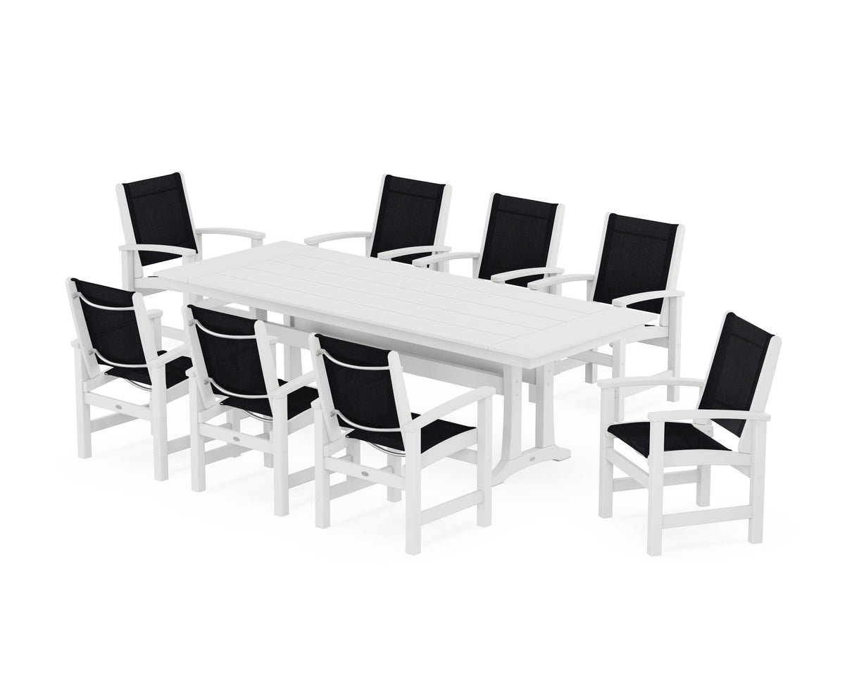 POLYWOOD Coastal 9-Piece Farmhouse Dining Set with Trestle Legs in White / Black