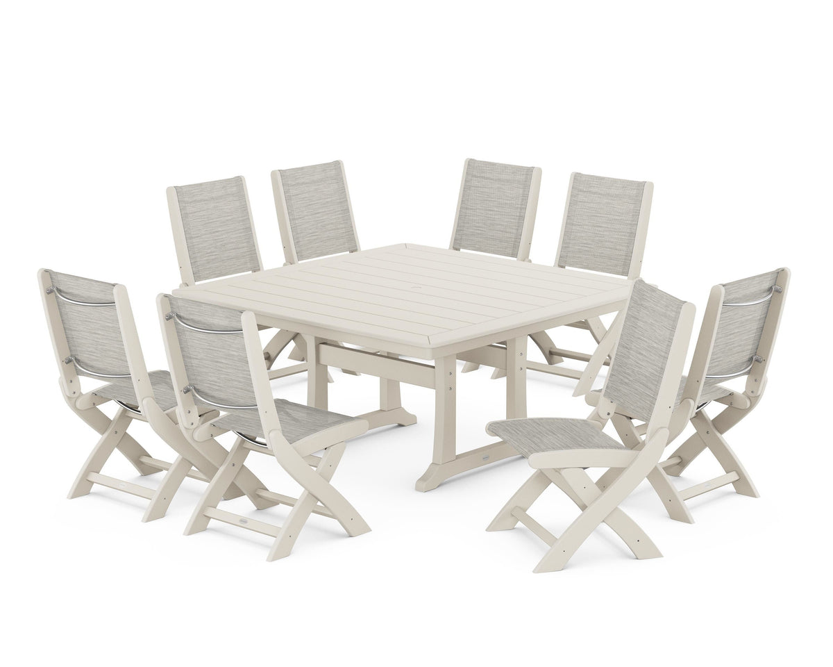 POLYWOOD Coastal Folding Side Chair 9-Piece Dining Set with Trestle Legs in Sand / Birch