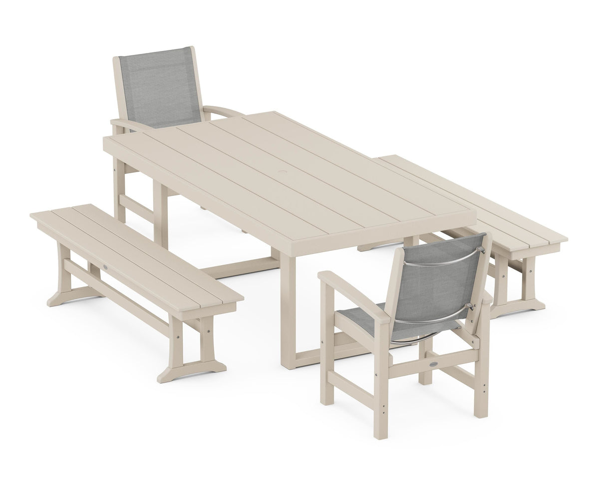 POLYWOOD Coastal 5-Piece Dining Set with Trestle Legs with EDGE 40" x 78" Dining Table in Sand / Metallic