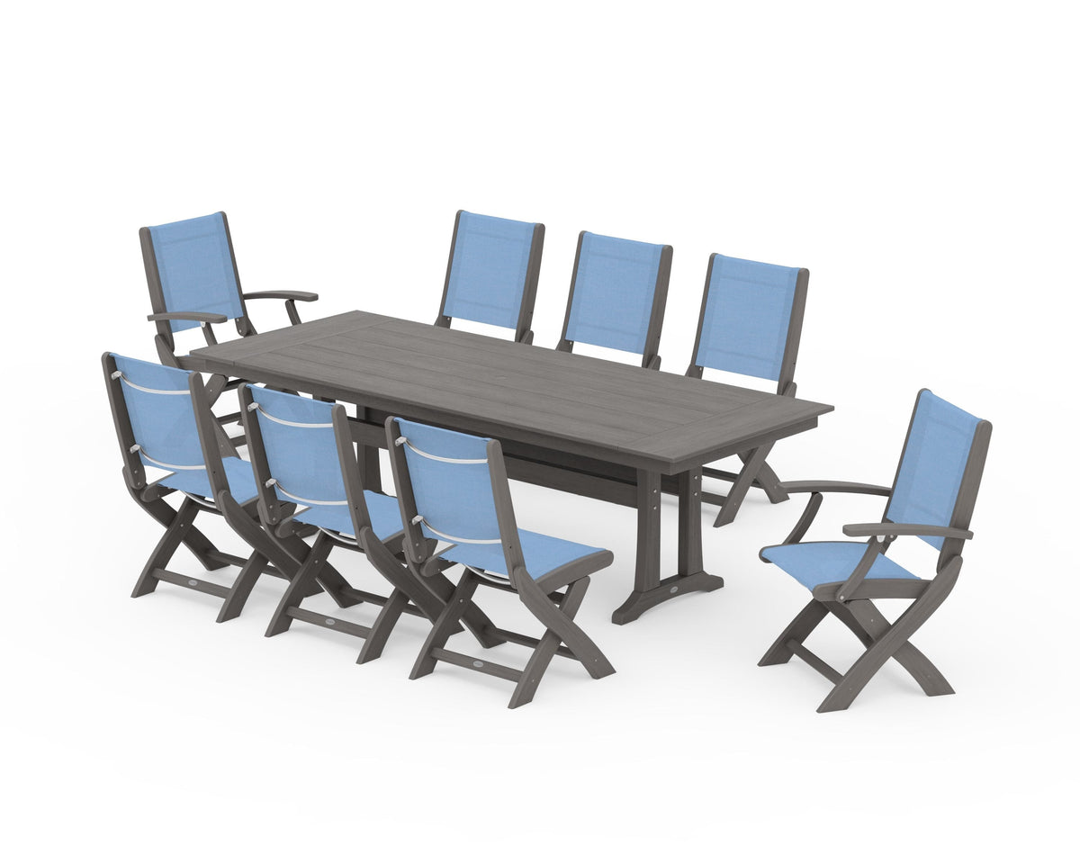 POLYWOOD Coastal 9-Piece Folding Dining Chair Farmhouse Dining Set with Trestle Legs in Driftwood / Poolside