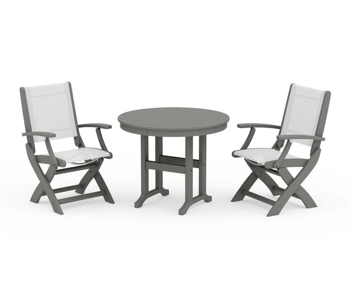 POLYWOOD Coastal Folding Chair 3-Piece Round Dining Set in Slate Grey / White