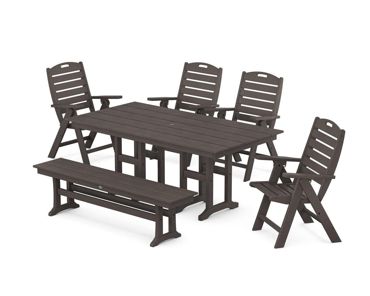 POLYWOOD Nautical Highback 6-Piece Farmhouse Dining Set with Bench in Vintage Coffee