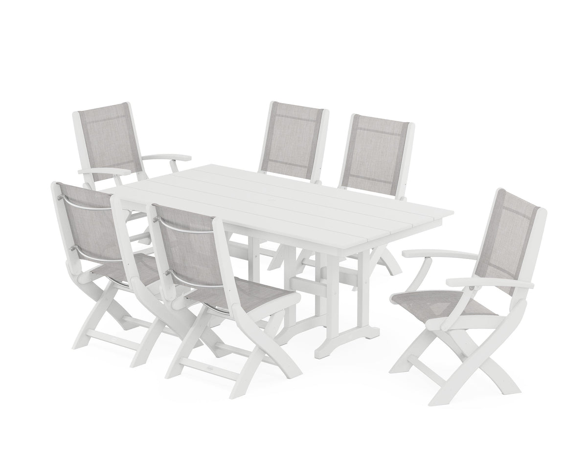 POLYWOOD Coastal Folding Chair 7-Piece Farmhouse Dining Set in White / Parchment