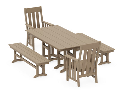 POLYWOOD Acadia 5-Piece Farmhouse Dining Set with Benches in Vintage Sahara