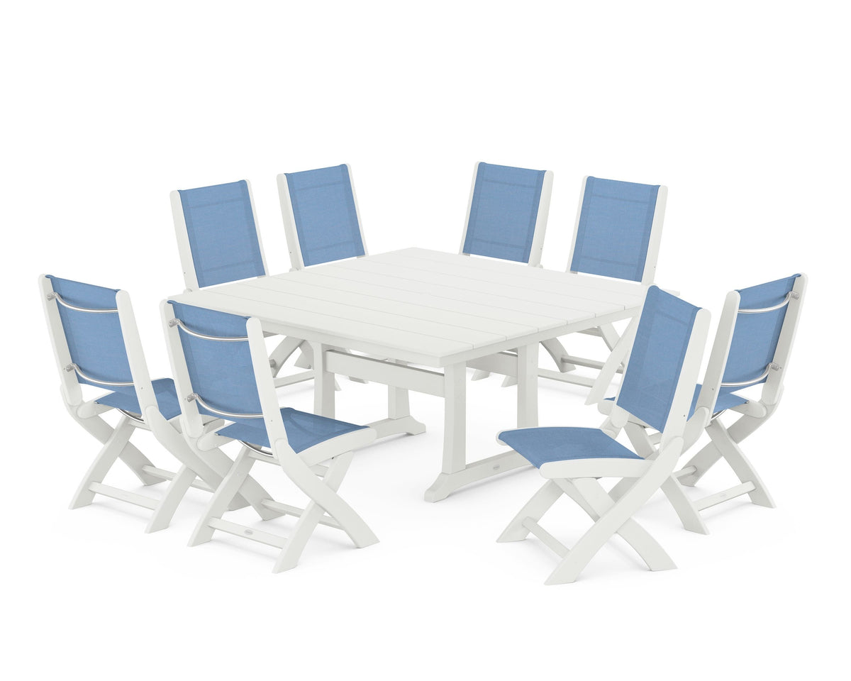 POLYWOOD Coastal Folding Side Chair 9-Piece Farmhouse Dining Set in Vintage White / Poolside