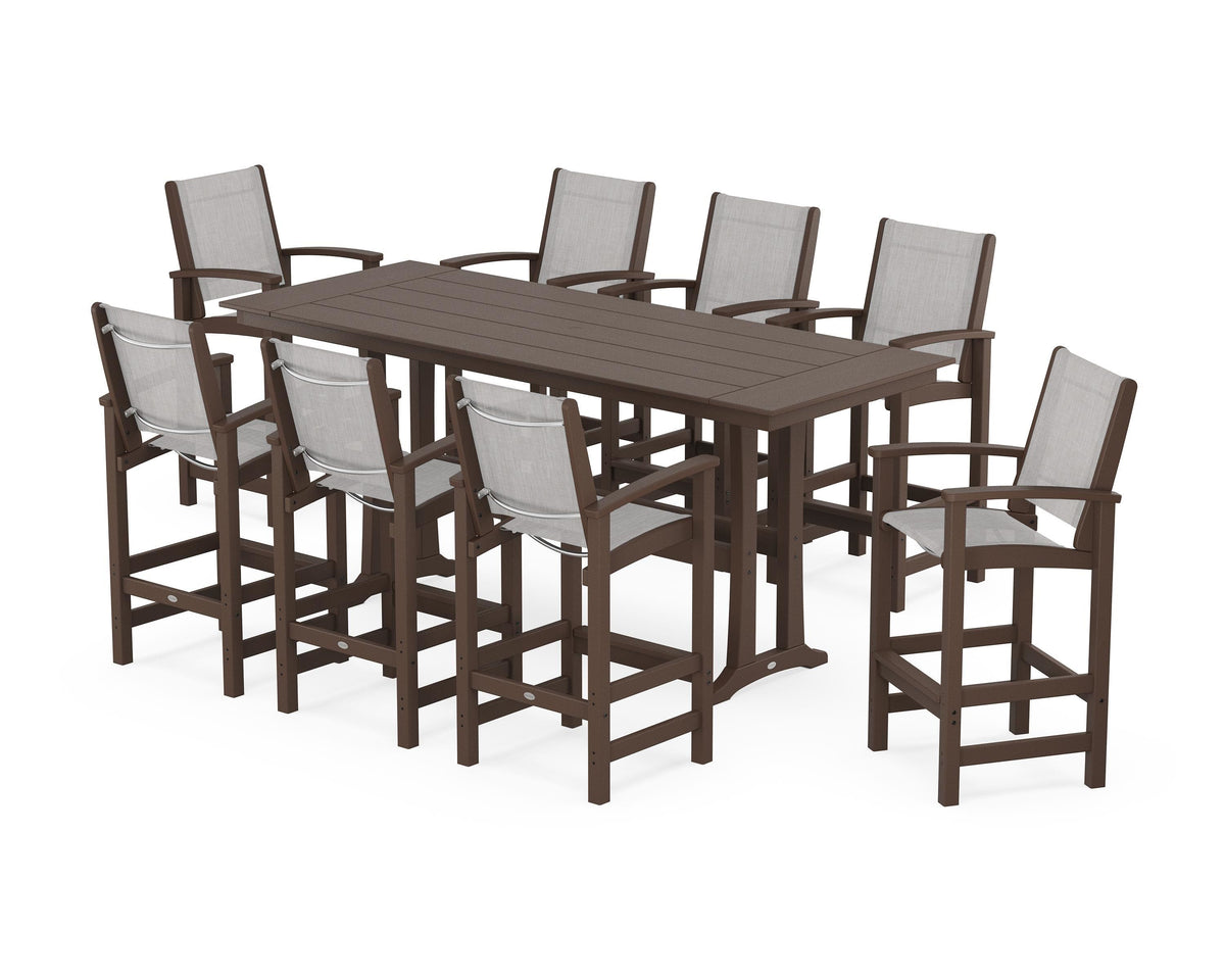 POLYWOOD Coastal 9-Piece Farmhouse Bar Set with Trestle Legs in Mahogany / Parchment