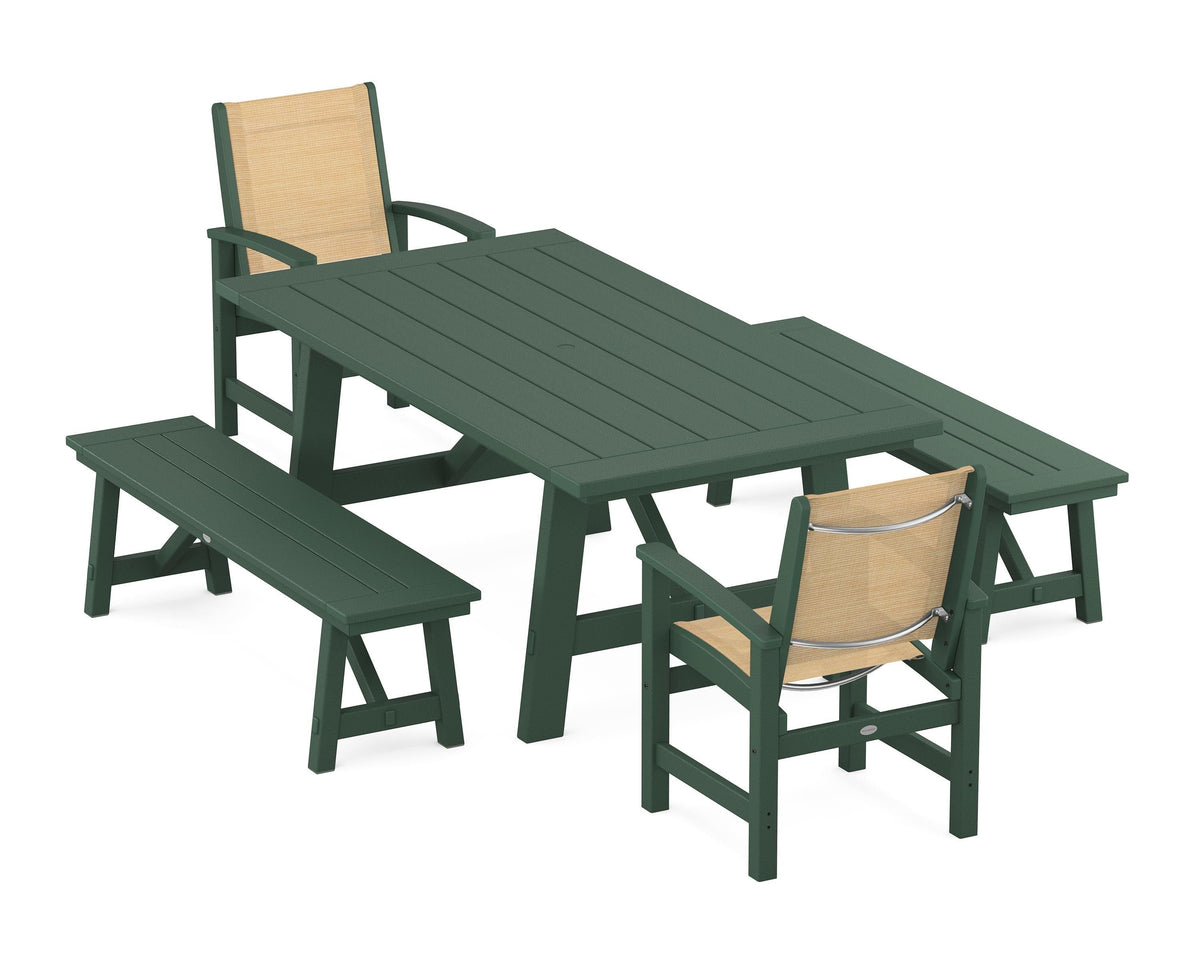 POLYWOOD Coastal 5-Piece Rustic Farmhouse Dining Set With Benches in Green / Dupioni Apricot