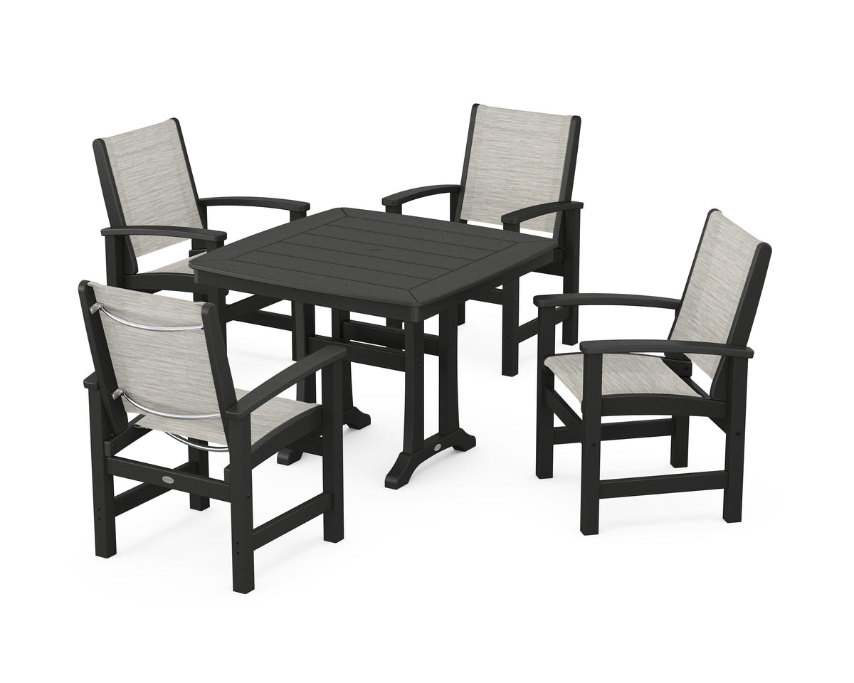 POLYWOOD Coastal 5-Piece Dining Set with Trestle Legs with Nautical Trestle 37" Dining Table in Black / Birch