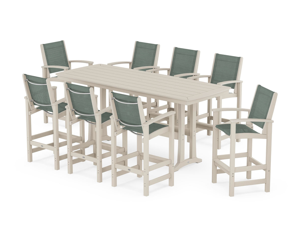 POLYWOOD Coastal 9-Piece Bar Set with Trestle Legs in Sand / Dupioni Sea Mist