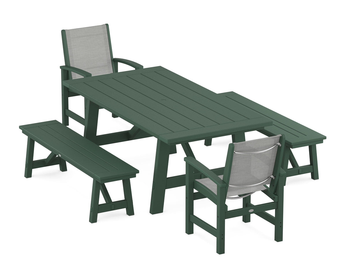 POLYWOOD Coastal 5-Piece Rustic Farmhouse Dining Set With Benches in Green / Metallic