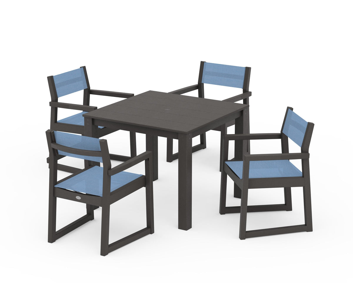 POLYWOOD EDGE Sling Arm Chair 5-Piece Parsons Dining Set in Vintage Coffee / Poolside