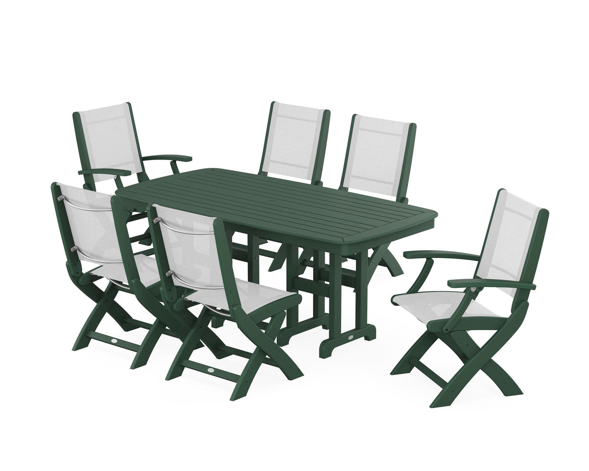 POLYWOOD Coastal Folding Chair 7-Piece Dining Set in Green / White