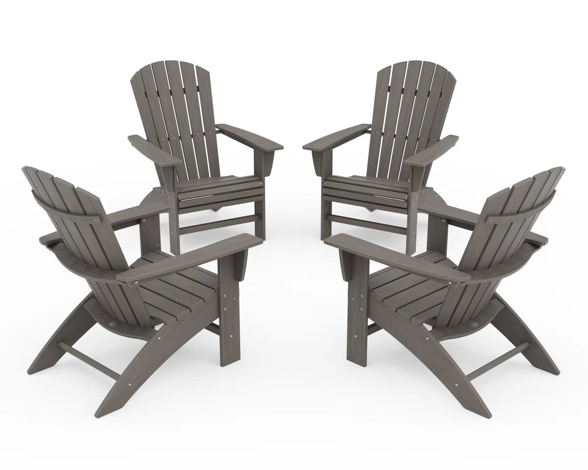 Four gray Adirondack chairs arranged in a circle on a white background