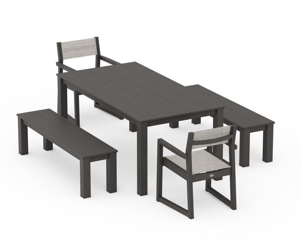 POLYWOOD EDGE Sling Arm Chair 5-Piece Parsons Dining Set with Benches in Vintage Coffee / Birch