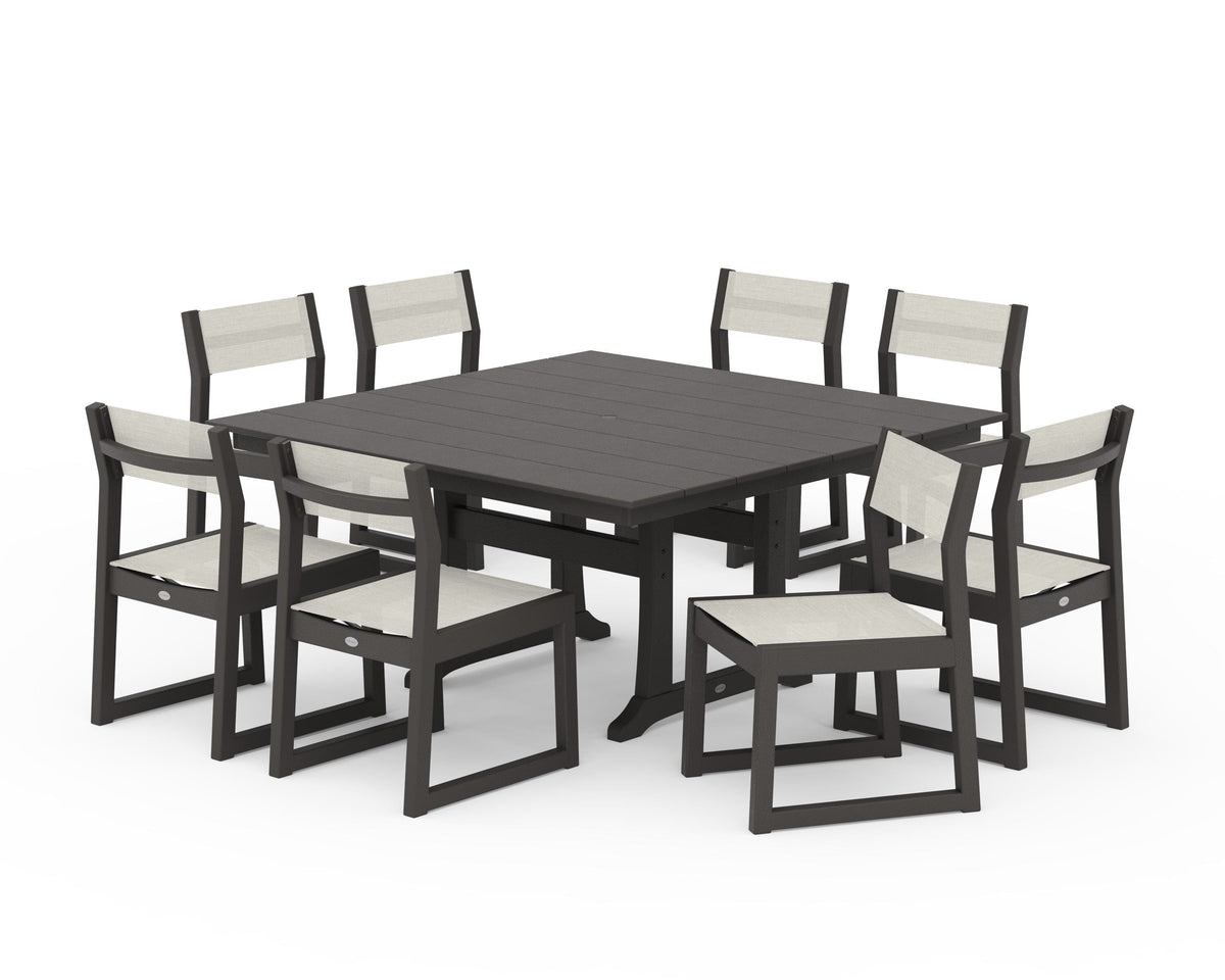 POLYWOOD EDGE Sling Side Chair 9-Piece Farmhouse Trestle Dining Set in Vintage Coffee / Parchment