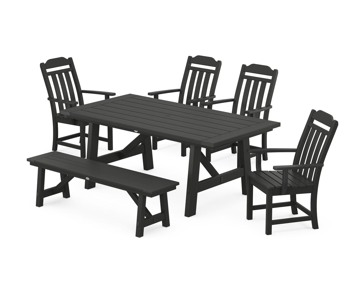 POLYWOOD Cottage 6-Piece Rustic Farmhouse Dining Set with Bench in Black