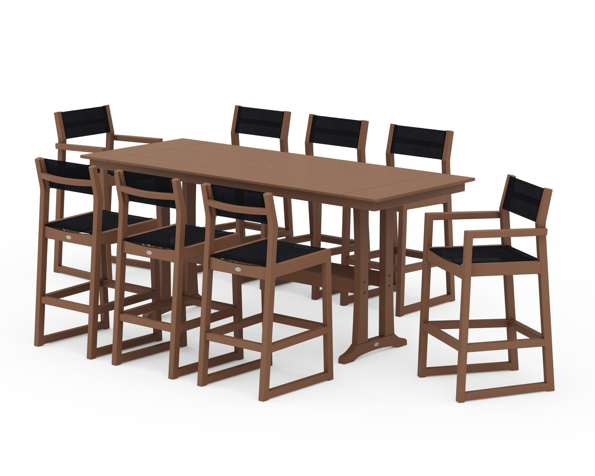 POLYWOOD EDGE Sling 9-Piece Farmhouse Bar Set with Trestle Legs in Teak / Black