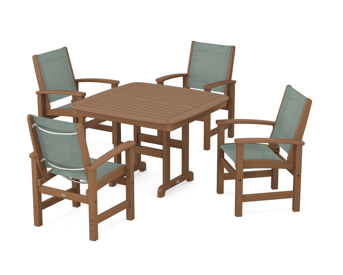 POLYWOOD Coastal 5-Piece Dining Set with Nautical 44" Dining Table in Teak / Dupioni Sea Mist