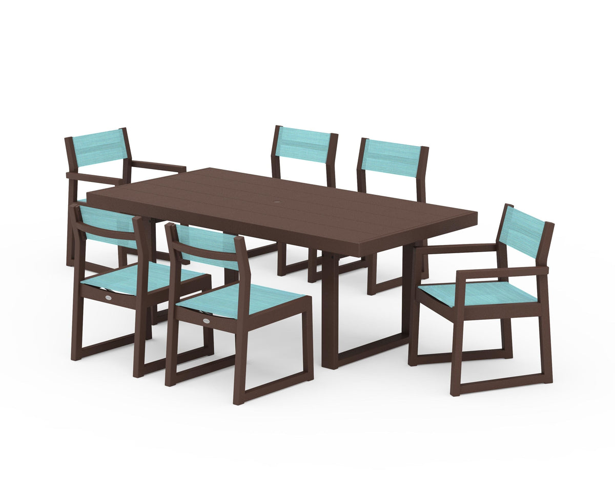 POLYWOOD EDGE Sling 7-Piece Dining Set in Mahogany / Dupioni Aquamarine