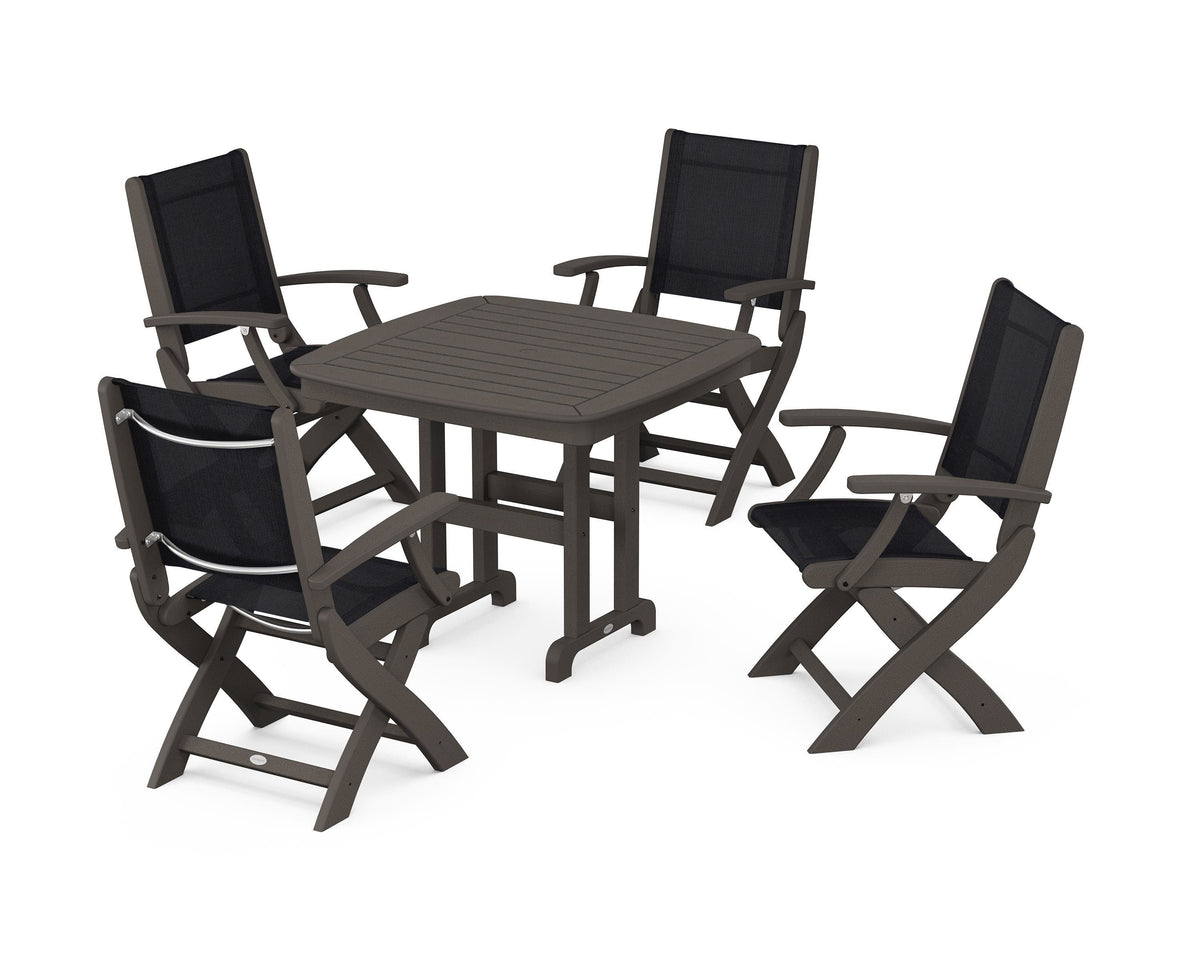 POLYWOOD Coastal Folding Chair 5-Piece Dining Set with Nautical 37" Dining Table in Vintage Coffee / Black