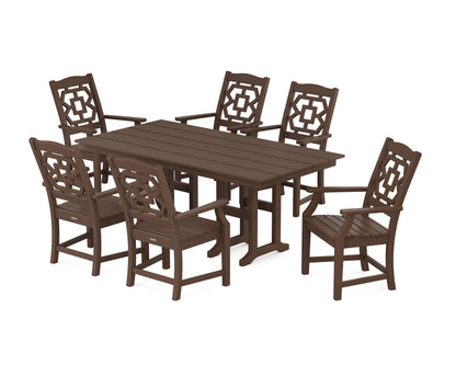 POLYWOOD Chinoiserie Arm Chair 7-Piece Farmhouse Dining Set in Mahogany