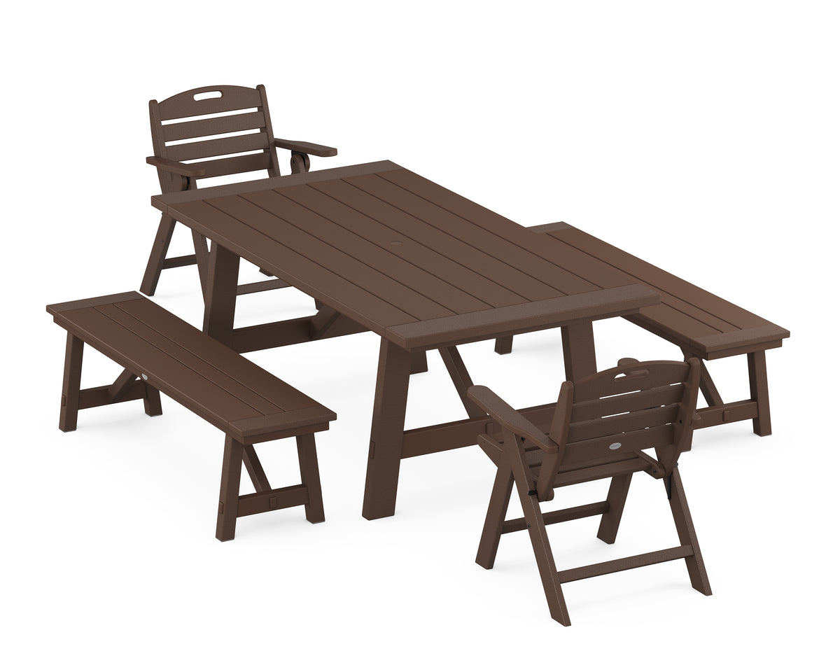 POLYWOOD Nautical Folding Lowback Chair 5-Piece Rustic Farmhouse Dining Set with Benches in Mahogany