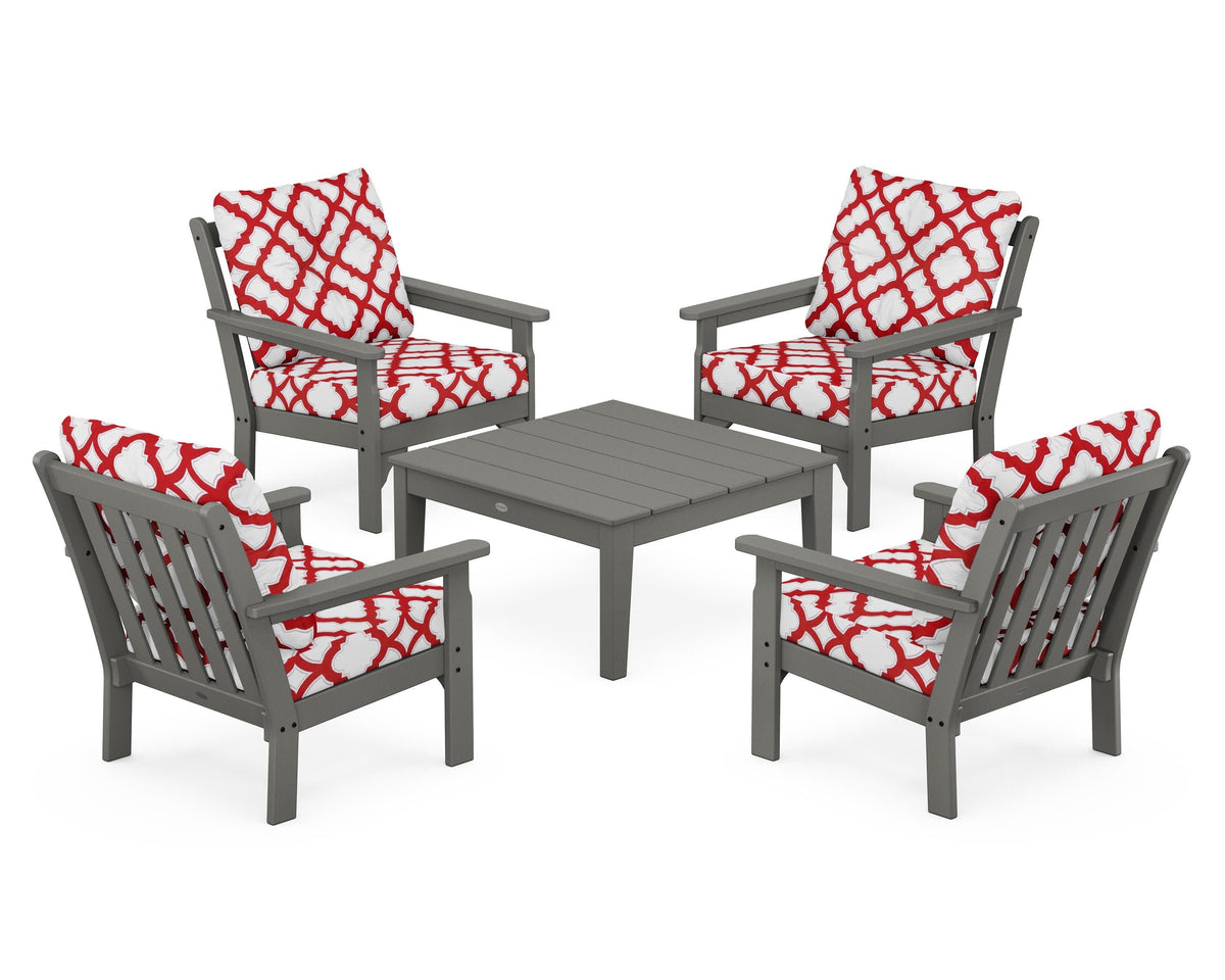 POLYWOOD Vineyard 5-Piece Deep Seating Conversation Set in Slate Grey / Trellis Crimson