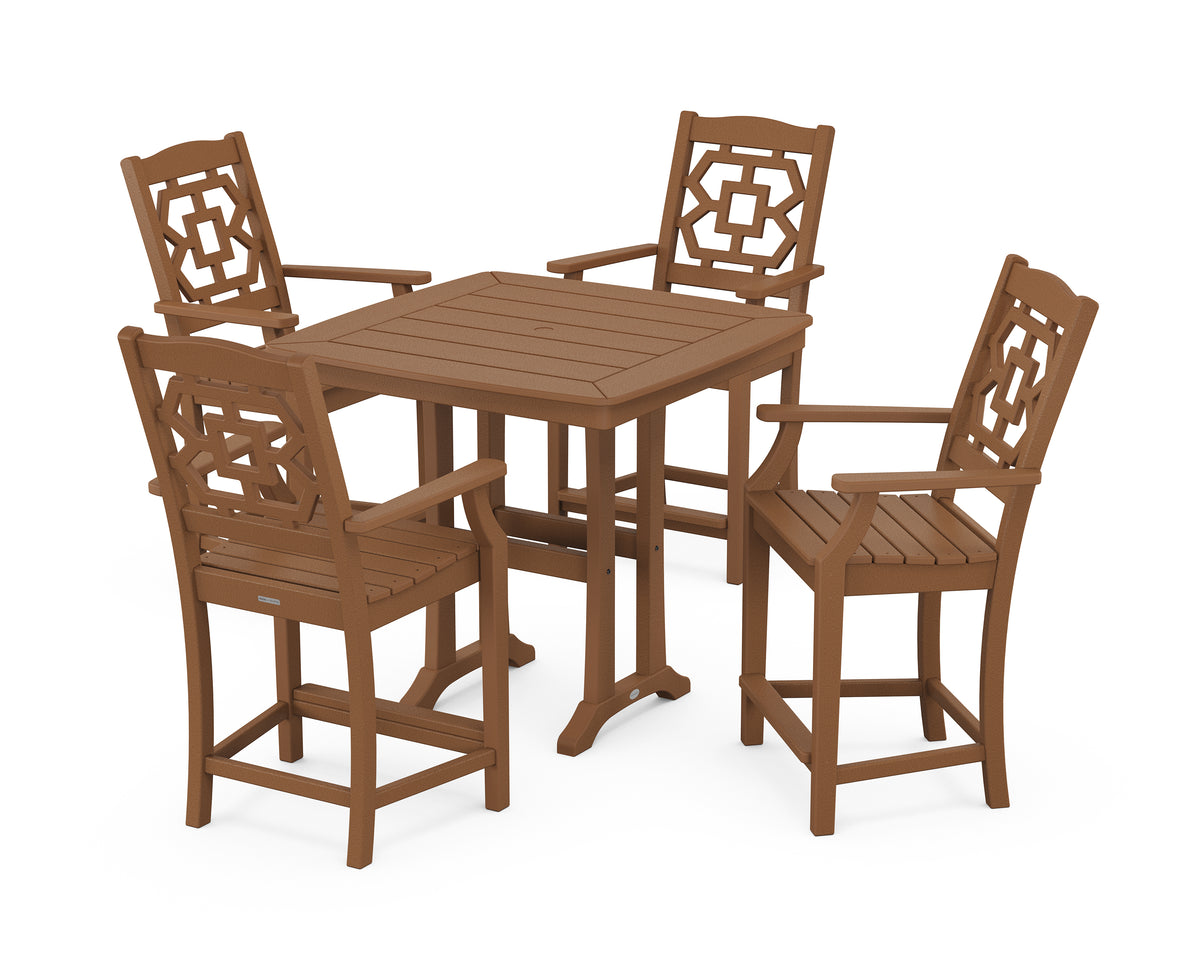 POLYWOOD Chinoiserie 5-Piece Counter Set with Trestle Legs in Teak