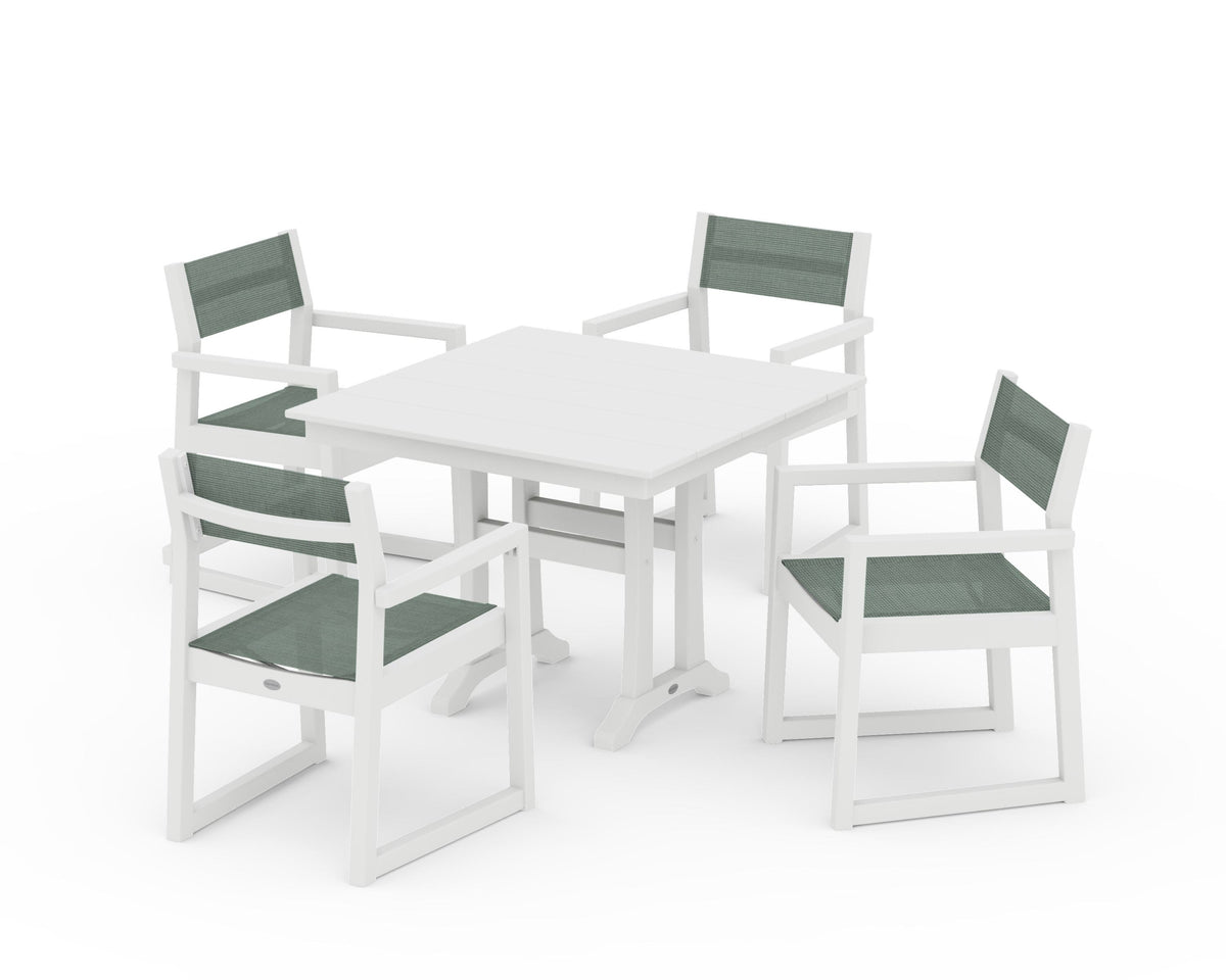POLYWOOD EDGE Sling 5-Piece Farmhouse Dining Set with Trestle Legs in White / Dupioni Sea Mist