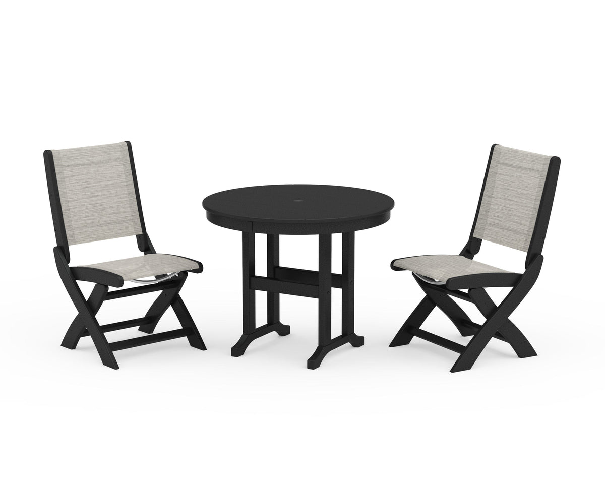POLYWOOD Coastal Folding Side Chair 3-Piece Round Dining Set in Black / Birch