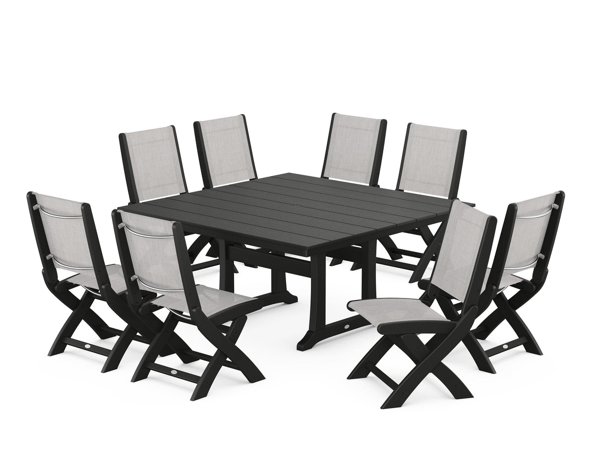 POLYWOOD Coastal Folding Side Chair 9-Piece Farmhouse Dining Set in Black / Parchment