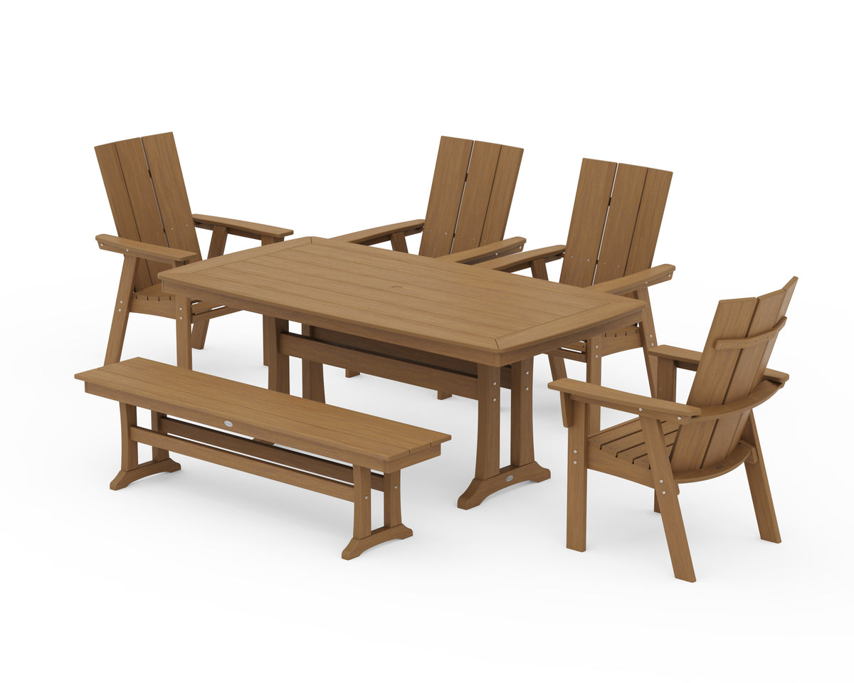 POLYWOOD Modern Curveback Adirondack 6-Piece Farmhouse Dining Set with Trestle Legs and Bench - 38" x 73" Table in Natural