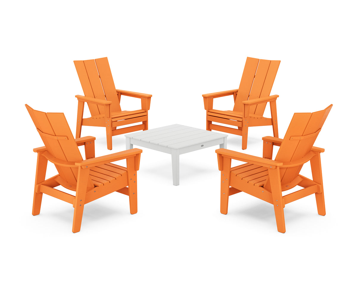 POLYWOOD 5-Piece Modern Grand Upright Adirondack Chair Conversation Group in Tangerine / White