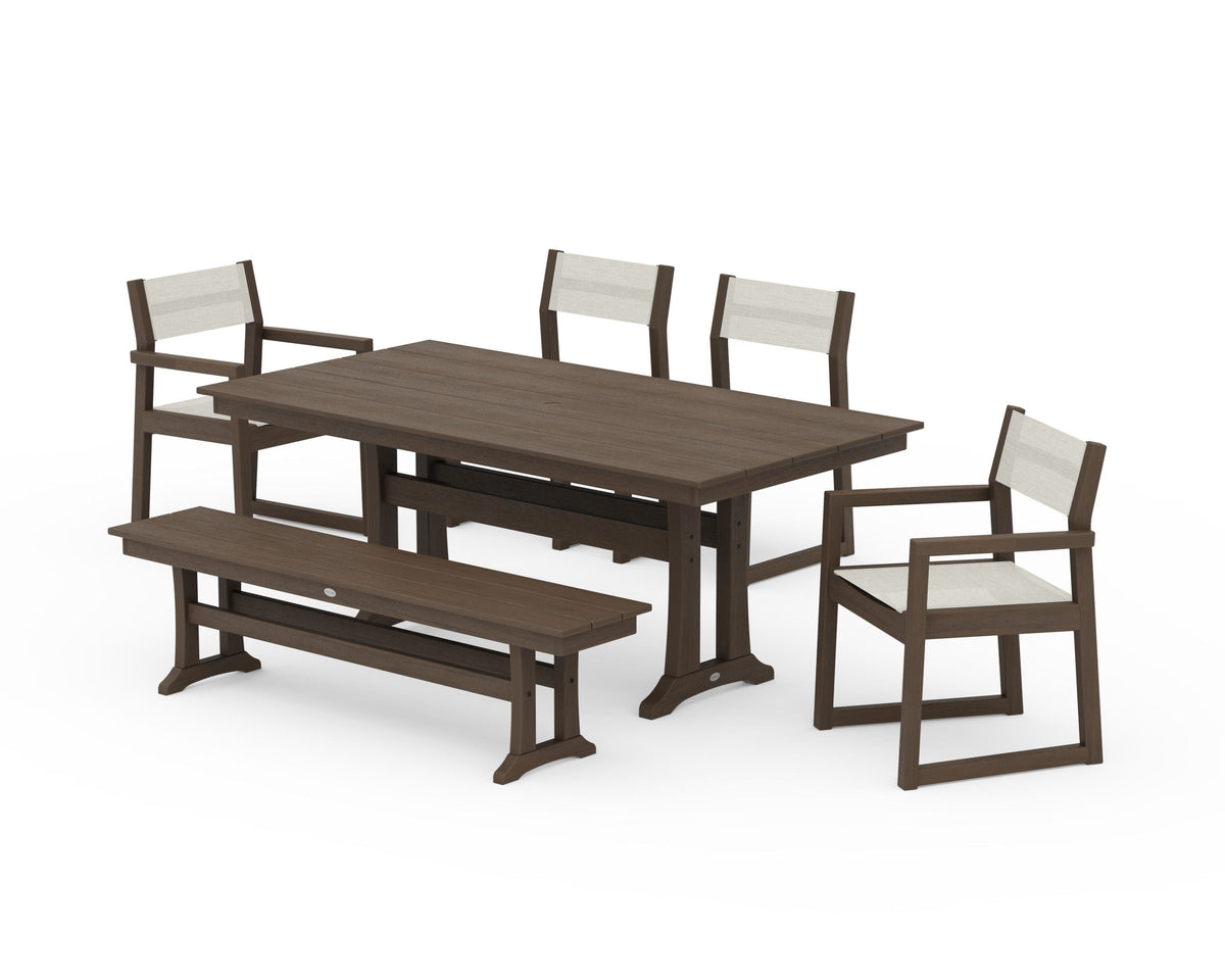 POLYWOOD EDGE Sling 6-Piece Farmhouse Dining Set With Trestle Legs in Kona / Parchment