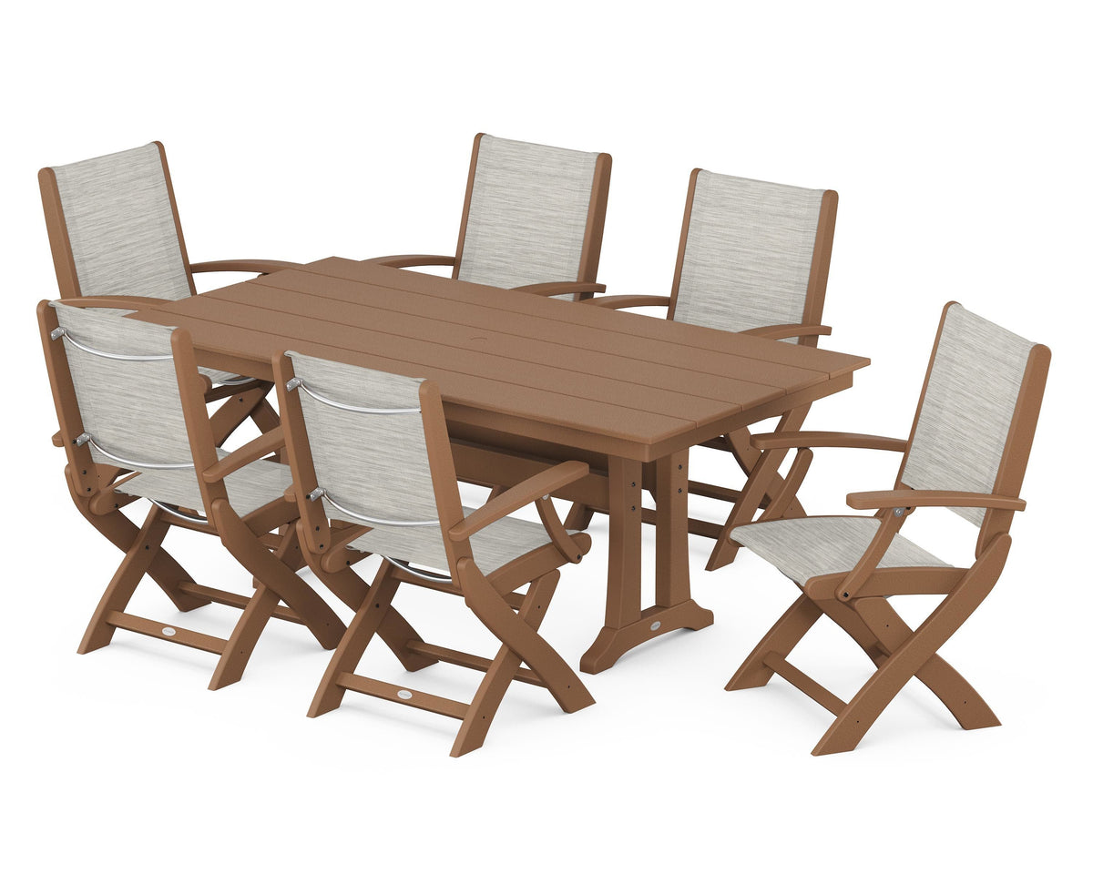 POLYWOOD Coastal Folding Arm Chair 7-Piece Farmhouse Dining Set with Trestle Legs in Teak / Birch