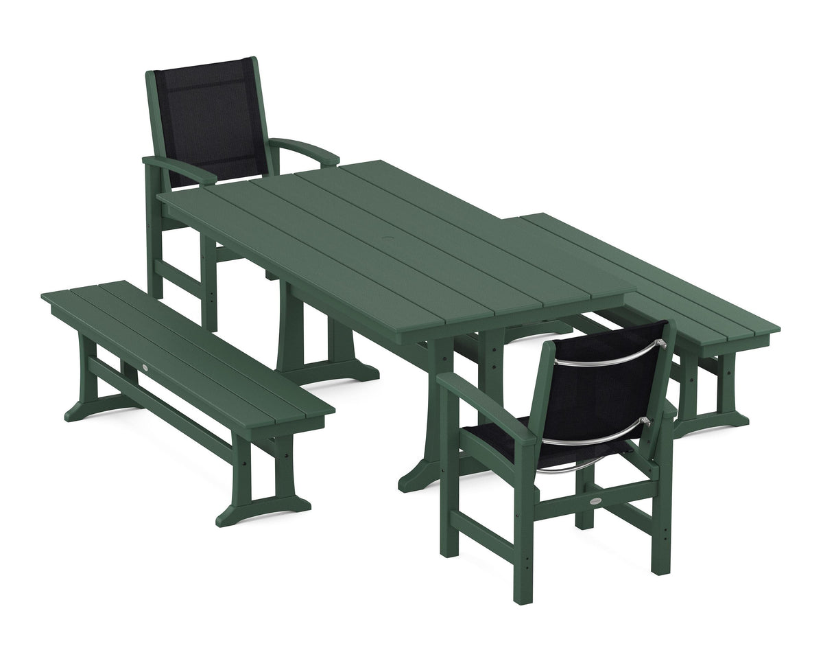 POLYWOOD Coastal 5-Piece Farmhouse Dining Set with Trestle Legs and Benches in Green / Black