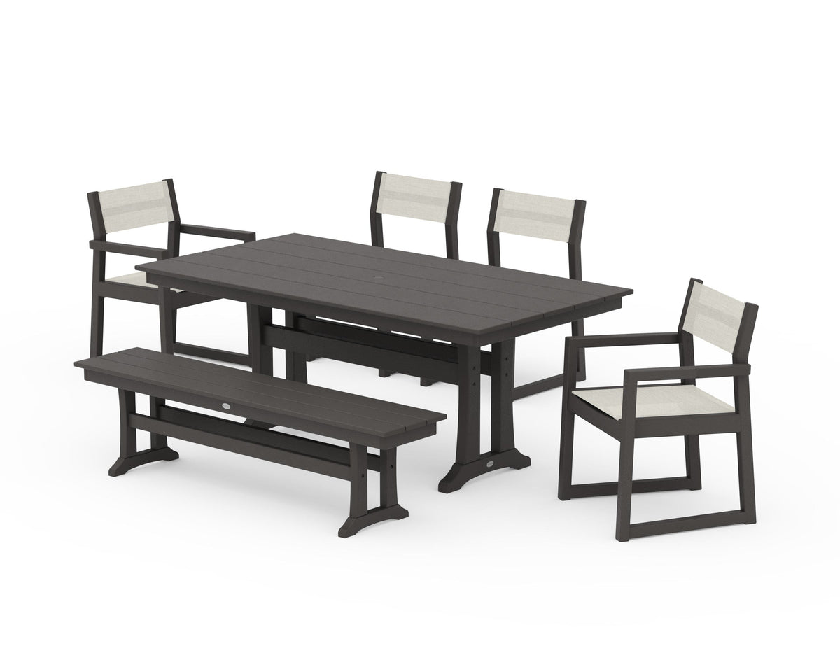 POLYWOOD EDGE Sling 6-Piece Farmhouse Dining Set With Trestle Legs in Vintage Coffee / Parchment