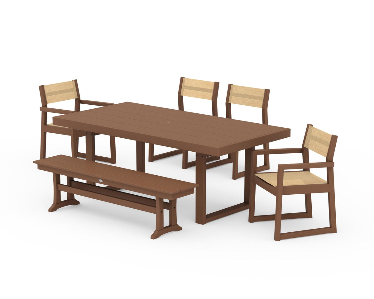 POLYWOOD EDGE Sling 6-Piece Dining Set with Bench in Teak / Dupioni Apricot
