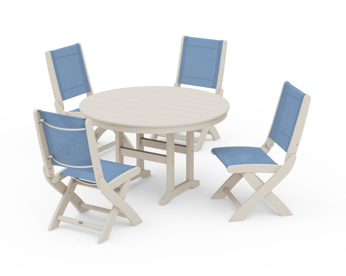 POLYWOOD Coastal Folding Side Chair 5-Piece Round Dining Set in Sand / Poolside