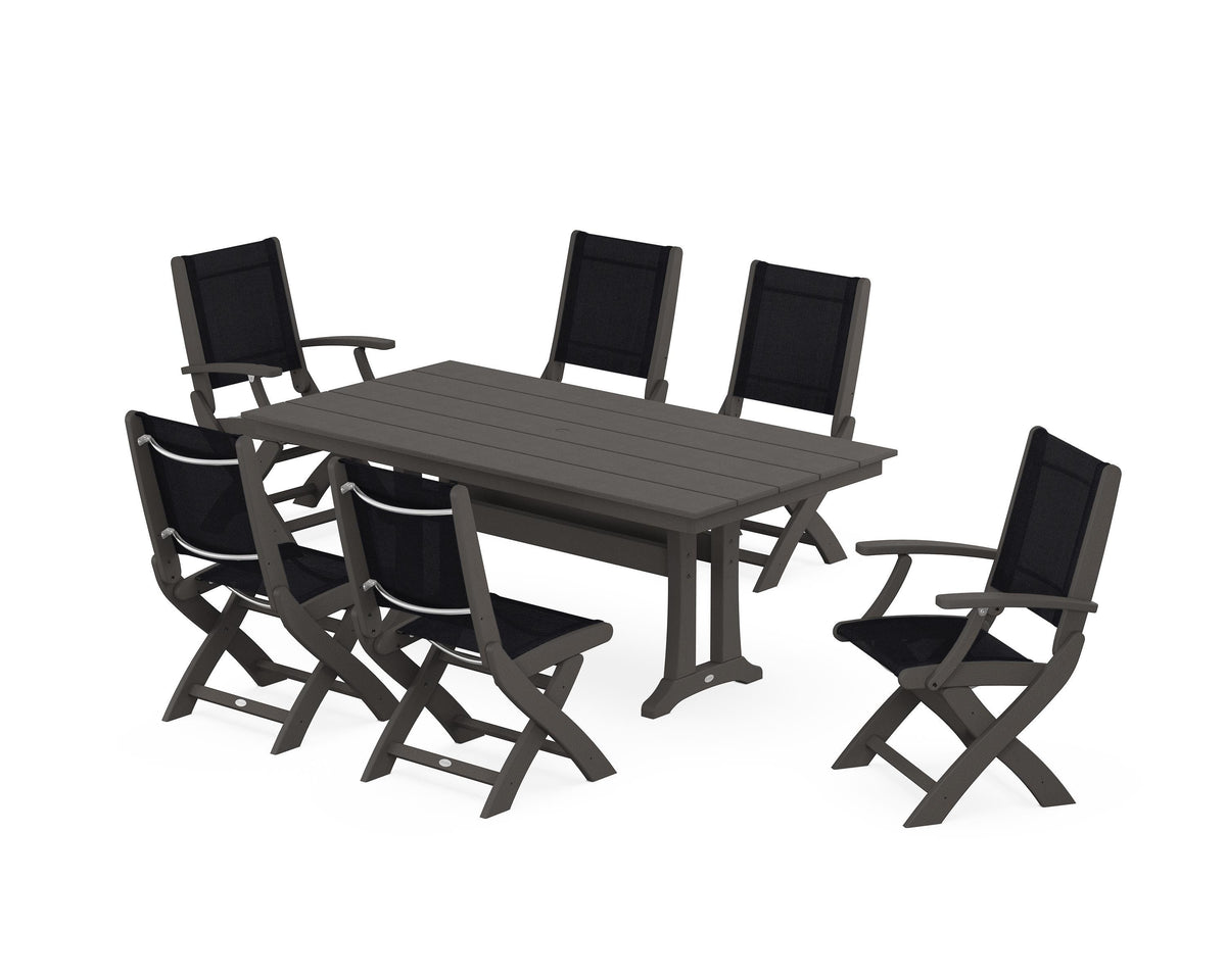 POLYWOOD Coastal Folding Chair 7-Piece Farmhouse Dining Set with Trestle Legs in Vintage Coffee / Black