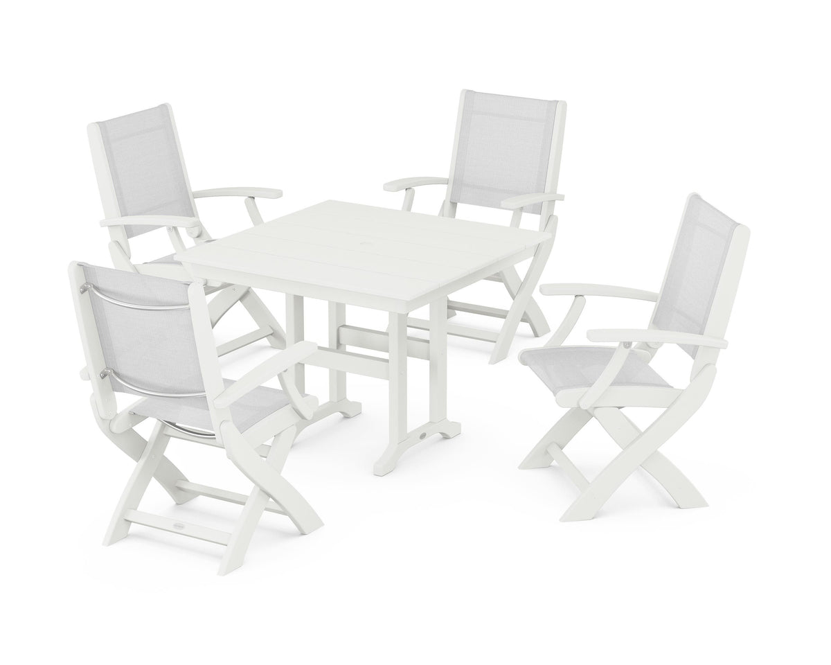 POLYWOOD Coastal Folding Chair 5-Piece Farmhouse Dining Set in Vintage White / White