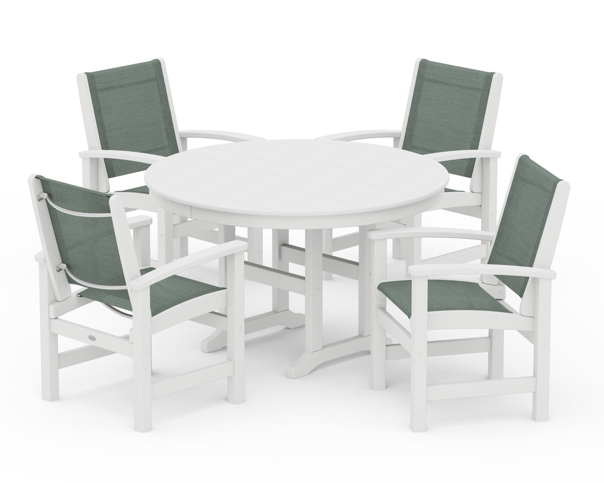 POLYWOOD Coastal 5-Piece Round Farmhouse Dining Set in White / Dupioni Sea Mist