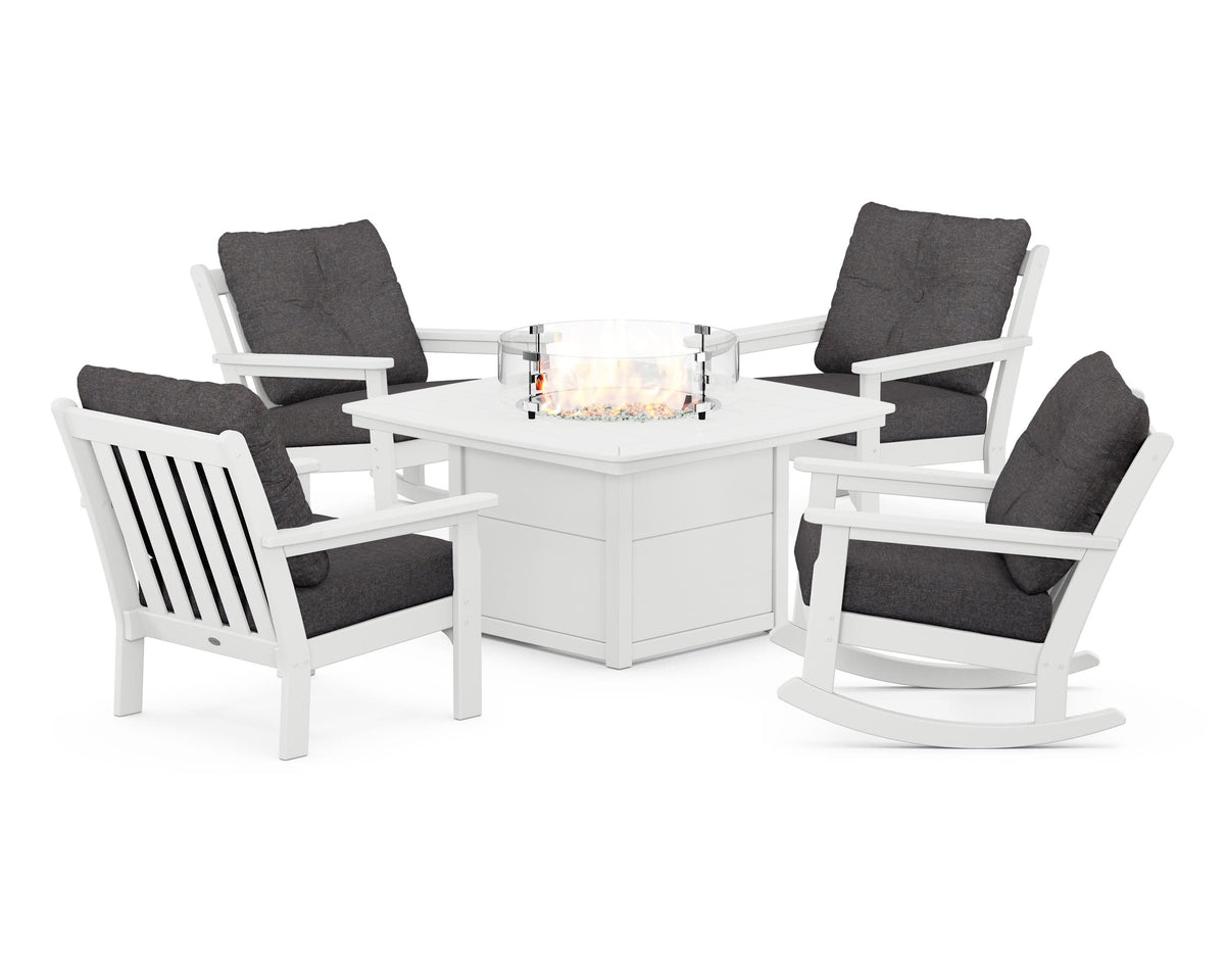 POLYWOOD Vineyard 5-Piece Deep Seating Rocking Chair Conversation Set with Fire Pit Table in White / Ash Charcoal