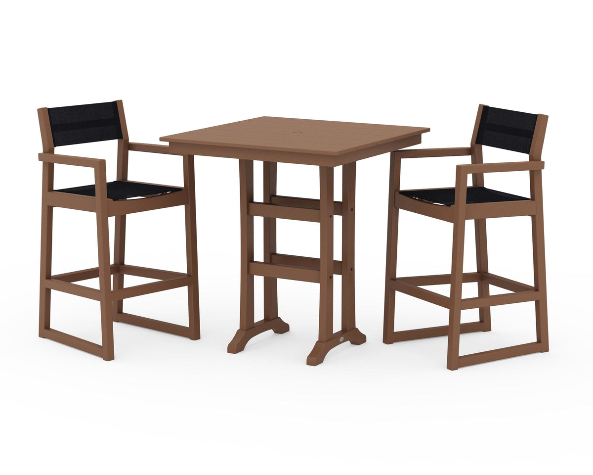 POLYWOOD EDGE Sling Arm Chair 3-Piece Farmhouse Bar Set with Trestle Legs in Teak / Black