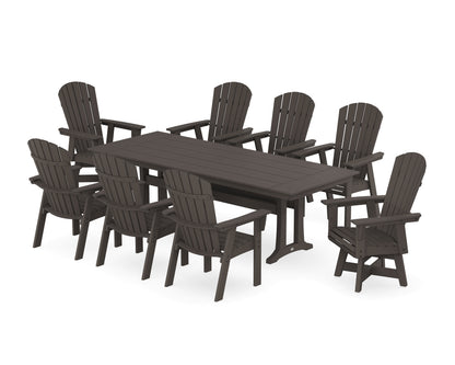 POLYWOOD Nautical Curveback Adirondack Swivel 9-Piece Farmhouse Dining Set with Trestle Legs in Vintage Coffee