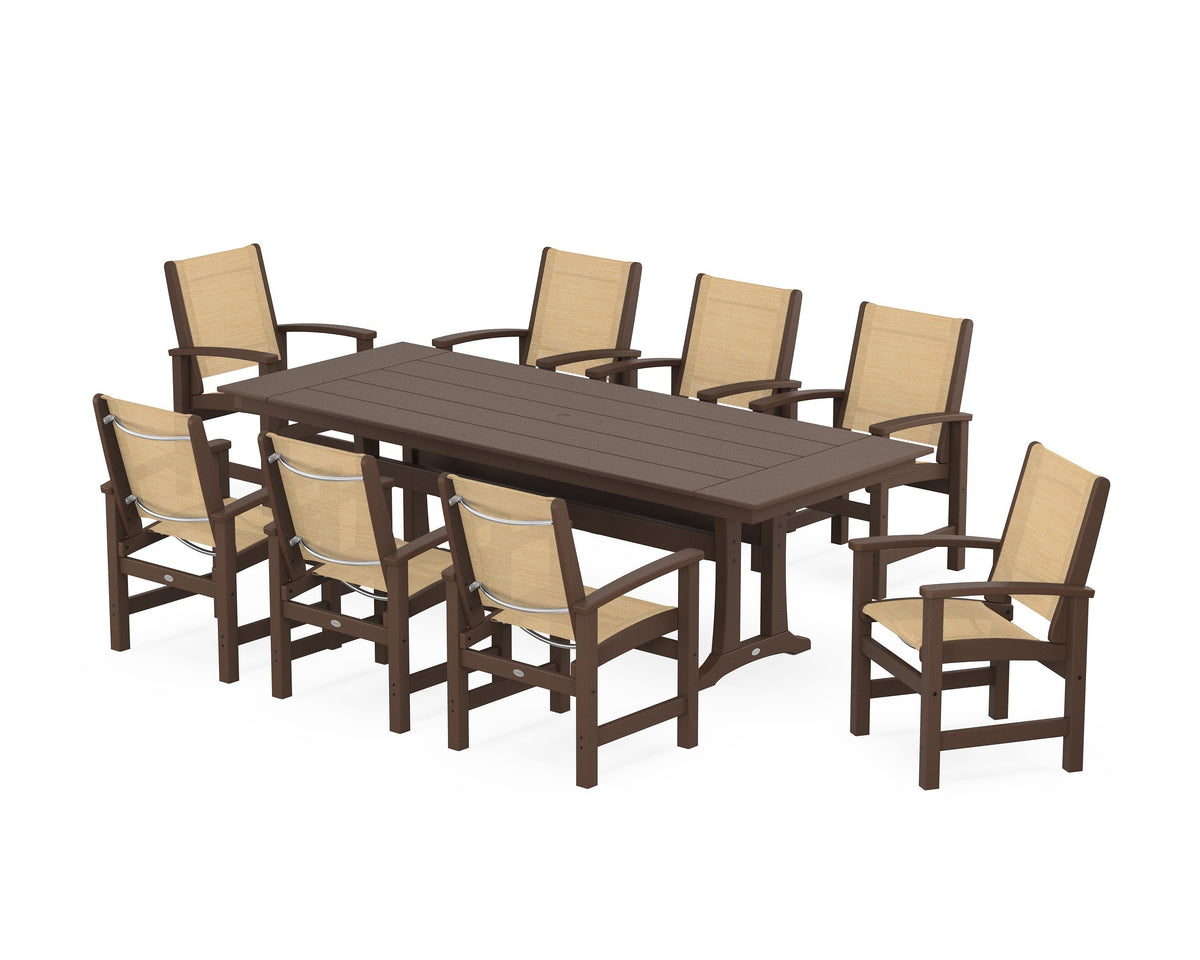 POLYWOOD Coastal 9-Piece Farmhouse Dining Set with Trestle Legs in Mahogany / Dupioni Apricot