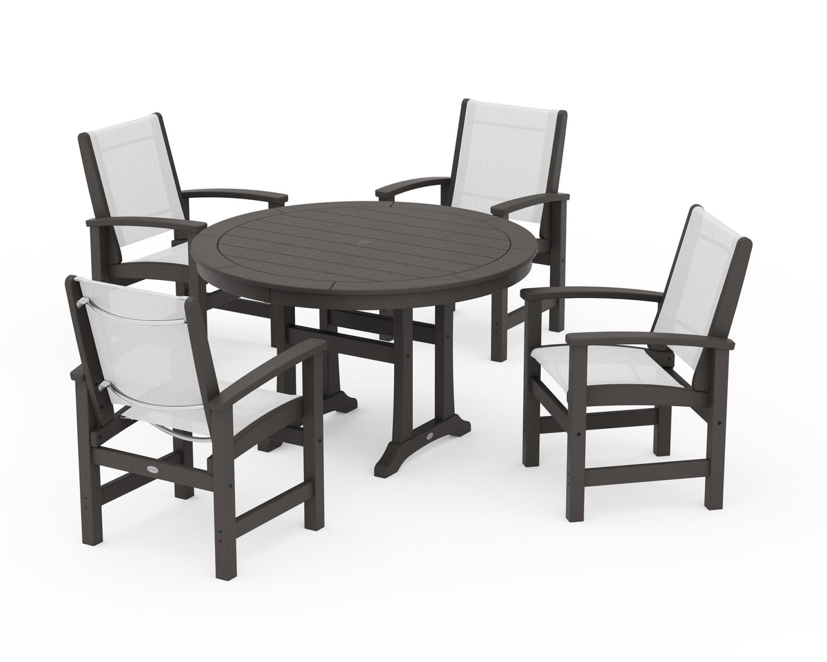 POLYWOOD Coastal 5-Piece Round Dining Set with Trestle Legs in Vintage Coffee / White
