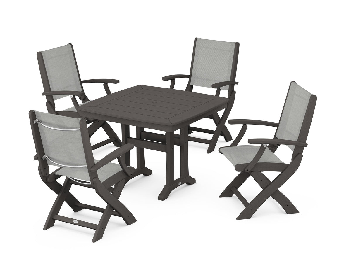 POLYWOOD Coastal Folding Chair 5-Piece Dining Set with Trestle Legs in Vintage Coffee / Metallic