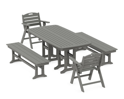 POLYWOOD Nautical Lowback 5-Piece Dining Set with Benches in Slate Grey