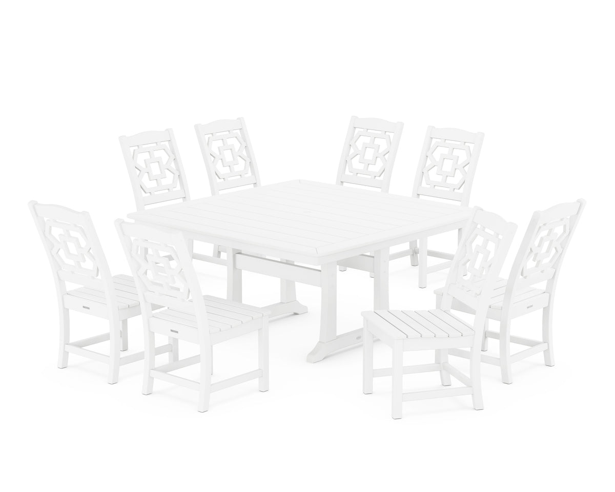 POLYWOOD Chinoiserie 9-Piece Square Side Chair Dining Set with Trestle Legs in White